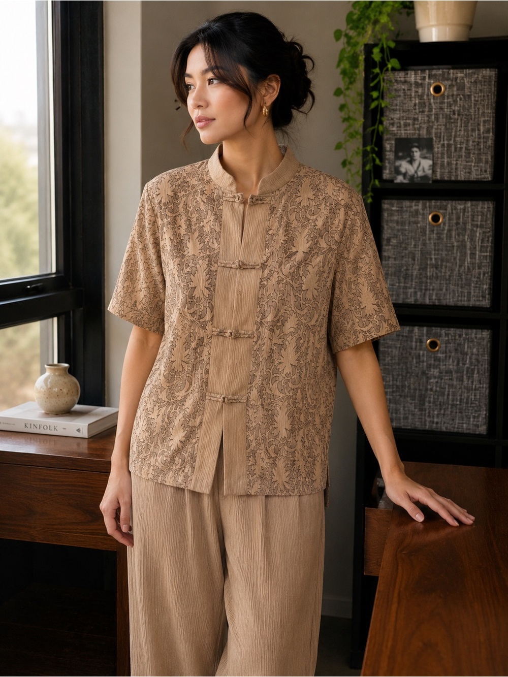 Jessica Beige Floral Mandarin Button-Front Short Sleeve Top